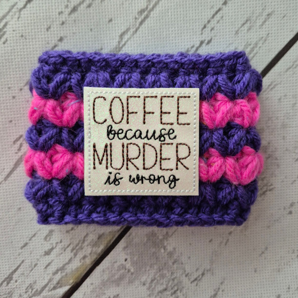 Coffee Because... Purple Pink Striped Drink Cozy